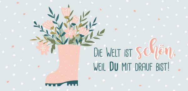 Schokoladengrüße Gummistiefel mit Blumenstrauß und Spruch